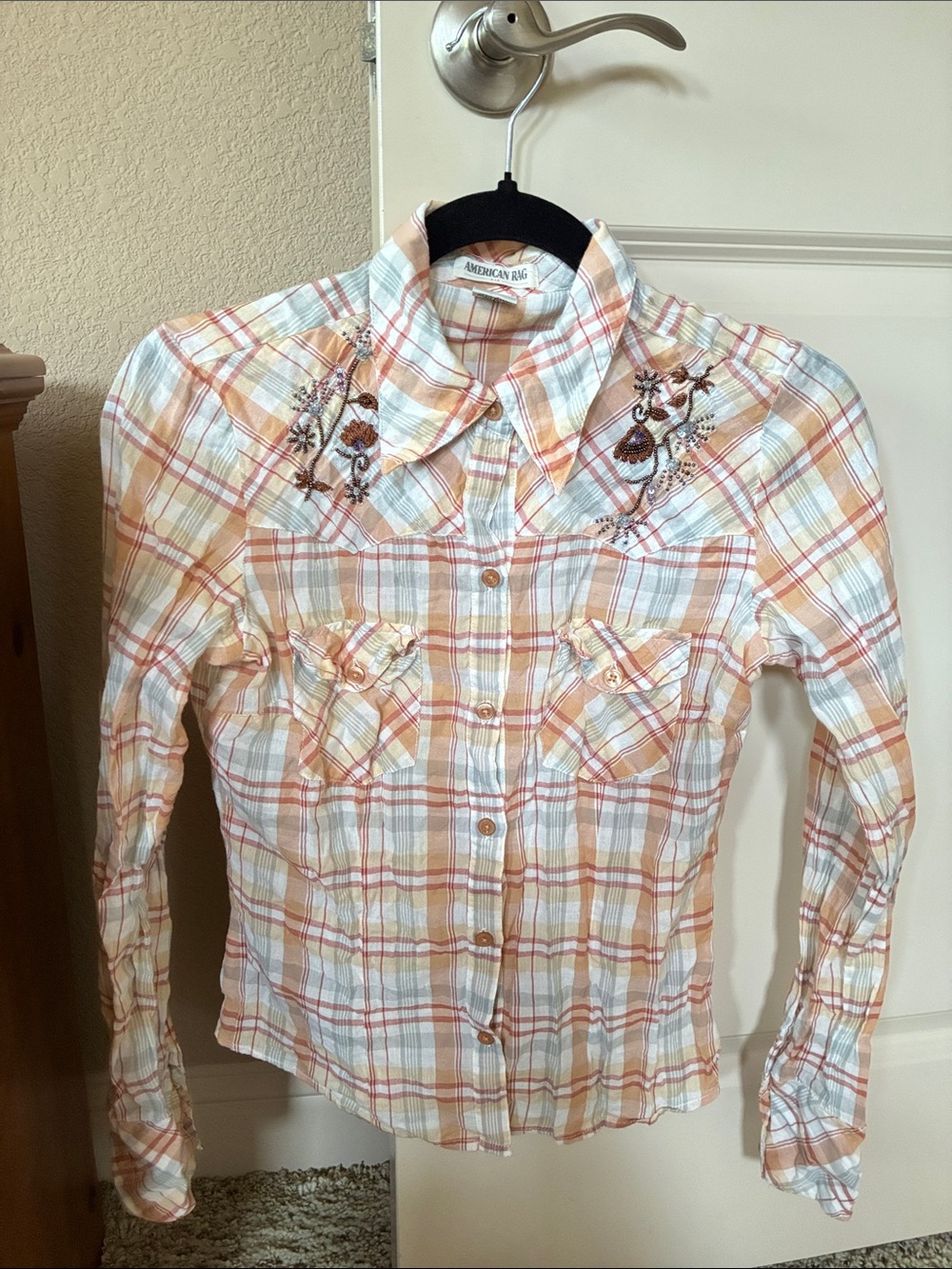American Rag Peach, white & Blue Plaid Embroidered Button-Up Shirt